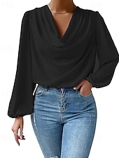 preiswerte Schicke Blusen-Damen Hemd Elegant Satin-Top Bluse Gerafft Patchwork Drapiert Einfarbig Einfach Elegant Vintage Täglich Langarm Laternenärmel Asymmetrisch Normale Oberteile Täglich Arbeit Ferien Blau Schwarz Wei
