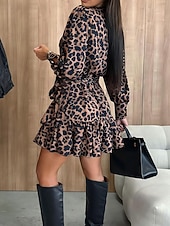 economico Abiti Floreali Stampati-Per donna Mini Abito Vestito Casual Abito Stampato Elegante Moda Moderno Quotidiano Ferie Uscire Vestibilità regolare Leopardo Manica Lunga Scollo a V Blu Leopardo Rosso Verde Estate