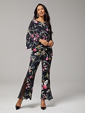 abordables camisas, tops y blusas-Blusa de mujer negra floral, manga 3/4, suelta, cuello redondo, informal, elegante, para vacaciones, primavera, verano y otoño.