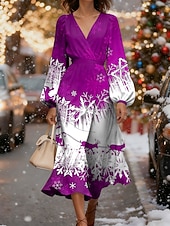 preiswerte Weihnachtskleider-Weihnachten Damen Midikleid A Linie Kleid Urlaub Lässig Party Täglich Abendgesellschaft Normale Passform Grafik Schneeflocke Langarm V Ausschnitt Blau Rote Purpur Grün Herbst Winter