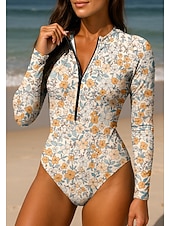 cheap One Pieces Rash Guards-Women's Rash guard Swimsuit Floral Zip Up UPF50+ Quick Dry Lightweight Long Sleeve Bodysuit Swim Shirt Surfing Beach Water Sports Summer