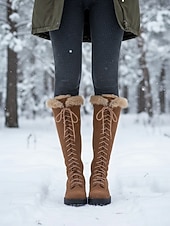 cheap Snow &amp; Winter Boots-Women's Brown Lace-Up Fur Lined Boots - Knee-High Winter Boots with Warm Faux Fur Collar for Outdoor Snow and Holiday Wear