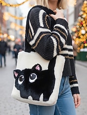 tanie Torby i torebki-damska pluszowa torba typu tote z motywem kociej buzi, dostępna w wielu kolorach, z miękkiego futerka, o uroczym i zabawnym designie, idealna na niezobowiązujące wyjścia i jako prezent