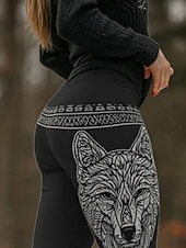  Damen Vikinger Leggings Gemütliche Leggings Urlaub Vintage Ethno-Stil Volle Länge Hohe Taille Grafik Tiermotiv Drucken Bequem Dehnbar Lässig Täglich Outdoor Schwarz Frühling Herbst Winter Schmale
