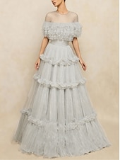  A-Line Floor Length Prom Dresses Elegant Short Sleeve Jewel Neck Formal Tulle with Pleats Ruffles