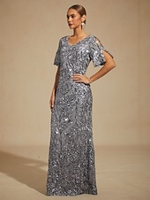 economico Abiti con paillettes-Per donna Abito maxi Tubino Abito a sirena Elegante Spalle scoperte Festa serale Paillettes Pizzo Ricamato Vestibilità regolare Floreale Mezza Manica Scollo a V Grigio