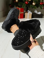 economico Stivali di neve e inverno-stivali da neve da donna con paillettes rosa e colletto in pelliccia sintetica: stivaletti invernali scintillanti alla moda per un comfort casual