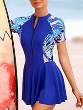 billiga Badessor-Kvinnors tankini baddräkt dragkedja fram palm klänning trosor mage kontroll hög midja slim backless semester strandkläder grafisk färgblock rund hals kort ärm baddräkt