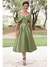 preiswerte Knöchellänge-A-Linie Tee-Länge Partykleid Cocktailkleid Kleid für Hochzeitsgäste Brautmutterkleid Kurzarm Schulterfrei Elegant Formell Cocktailparty Semi-Formal Satin mit Falten