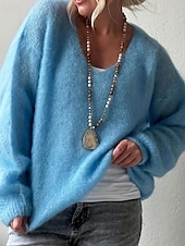 levne Pevné barvy-Dámské Svetr Rolák Elegantní Módní Roztomilý Pevná barva Do V Pletený Dlouhý rukáv Běžné topy Plést Venkovní Domů Denní Vodní modrá Světlá růžová Podzim Zima