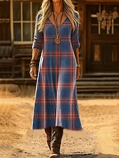 cheap Boho Dress-Women's Maxi Dress T Shirt Dress Tee Dress A Line Dress Vacation Casual Boho Going out Regular Fit Graphic Geometric Plaid Long Sleeve V Neck Blue Red Spring Fall Winter