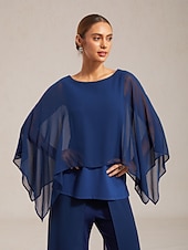 economico Bluse e camicie-Top da donna in chiffon modal blu royal con scollo rotondo e maniche a mantella, elegante, alla moda, lussuoso, casual, per le vacanze, primavera, estate, autunno