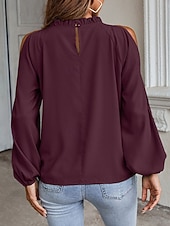 Недорогие Нарядные блузки-Жен. Блуза Рюши Оборки Полотняное плетение Элегантный стиль Винтаж Стиль Длинный рукав Вырез под горло Обычные топы Повседневные Праздники На выход Черный Винный Зеленый Осень Зима