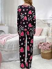 preiswerte Damen Schlafoberteile und -unterteile-Damen Schlafanzug Freizeitkleidung Schlafanzug Set Lässig Herz Satin-Seidenpyjamas Elastischer Bund Hose Täglich Heim Urlaub Langarm Rundhalsausschnitt Fuchsie Herbst Winter Lässiger Schnitt
