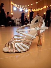 abordables Zapatos de baile latino-Zapatos de baile latino para mujer con pedrería: sandalias profesionales de salón para salsa y tango, con diseño de tiras y tacón alto, ideales para competición o actuaciones.