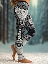preiswerte Viking-Druck-Damen Leggings Urlaub Vintage Ethno-Stil Volle Länge Hohe Taille Grafik Abstrakt 3D-Druck Schnelltrocknend Atmungsaktivität Weich Hohe Elastizität Täglich Heim Outdoor Dunkel Braun Schwarz Beige