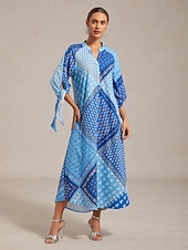 preiswerte Freizeitkleidung-Damen Maxikleid geometrisch floral Patchwork Print Stehkragen 3/4 Ärmel Frühling Herbst