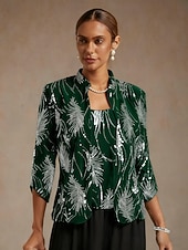  Naisten Pusero Mekkoiset topit Ilta Topit Paljetti Sulka Tyylikäs 3/4 hiha Pystykaulus Tavalliset topit Iltajuhlat Juhla-iltavaatteet Smaragdin vihreä Kevät Syksy Talvi