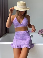 tanie 3-częściowy zestaw bikini-Strój Kąpielowy Damski Bikini 3 Częściowy Z Spódnicą Smukły Bez Pleców Letni Strój Plażowy Kwiatowy Sznurek Bez Rękawów