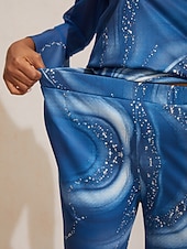  Calças femininas de tecido elástico com estampa floral, chiffon, painéis transparentes, perna larga, cintura elástica, elegante, confortável, trabalho diário, outono