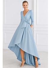 cheap A-Line Evening Dresses-A-Line Asymmetrical Ball Gown with Cape Evening Gown Formal Dress Elegant Long Sleeve V Neck Formal Wedding Pocket Satin with Pleats Pocket