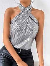 abordables Réservoir Simple-Femmes Débardeur caraco Paillettes Couleur Unie Élégant Occasionnel Sans manches Col Halter Hauts Réguliers Quotidien Fête Argent Été Printemps