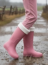 abordables Bottes de neige et d'hiver-Bottes de pluie rouges imperméables pour femmes avec revers amovible en fausse fourrure – des chaussures résistantes et élégantes pour les intempéries, les aventures en plein air et les activités de jardinage.