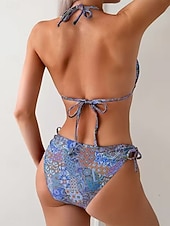 ieftine Seturi de bikini-Costum de baie pentru femei bikini 2 piese boho legat pe lateral subțire fără spate vacanță îmbrăcăminte de plajă bloc de culoare floral decolteu halter fără mâneci costume de baie