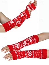 billiga Damhandskar-Stickade fingerlösa julvantar för kvinnor, röda och vita Fair Isle-renmönster, julvantar för vinterfester och festliga evenemang