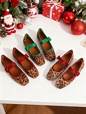 voordelige Platte damesschoenen-Mary Jane-flats met luipaardprint voor dames met fluwelen gespband – vintage stijl, perfect voor Kerstmis, feestdagen en dagelijks gebruik