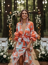 baratos Comprimento do chão-Vestido de Convidada de Casamento em Comprimento de Chão com Mangas Longas e Decote em V Vestido de Mãe da Noiva Vestido de Festa com Estampa