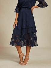 Χαμηλού Κόστους Φούστες σιφόν-Γυναικεία Κομψό Καθημερινό Μίντι Μεσαία Μέση Φούστες Φλοράλ Δαντέλα Με Βολάν Ακανόνιστος γιακάς Μικροελαστικό Ημερομηνία Καθημερινά Βαθυγάλαζο Άνοιξη, Φθινόπωρο, Χειμώνας, Καλοκαίρι