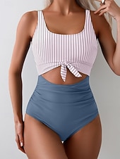 preiswerte Einteilige Badeanzüge-Damen Einteiler Badeanzug Sexy Cutout Monokini Bauchkontrolle Hohe Taille Slim Rückenfrei Urlaub Strandbekleidung Polka Dot Farbblock U-Ausschnitt Ärmellose Bademode