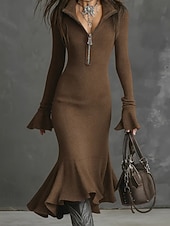 baratos Vestidos de suéter-Mulheres Vestido midi Vestido Suéte Vestidos De Sereia Trompete Elegante Moderno Férias Feriado Encontro Delgado Tecido Manga Longa Colarinho de Camisa Preto Verde Tropa Castanho Claro Marron