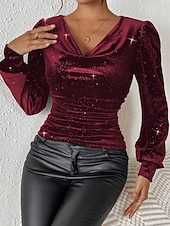 abordables T-shirt uni-Femmes Chemisier Froncé Couleur Unie Élégant Occasionnel manche longue Cravate au cou Col Bénitier Hauts Réguliers Quotidien Noir Vin Fuchsia Printemps Automne Hiver