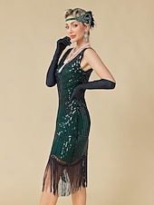 baratos Vestidos dos anos 1920-Conjunto Loucos anos 20 Anos 20 Até os Joelhos Vestidos Vestido melindroso Roupa com acessórios Sem Mangas O Grande Gatsby charleston Paetês Franjas Pena Decote V Fantasia Mulheres Carnaval Ano Novo