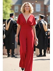 preiswerte Overalls für Mütter-Overalls Bodenlang Brautmutterkleid Kurzarm V Ausschnitt Elegant Einfach Hochzeitsgast Abschlussfeier Stretchstoff mit Einfarbig