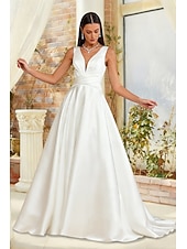  صالة رسمي فساتين زفاف A-الخط V رقبة بدون كم ذيل مثل الفرشاة ساتان فساتين الزفاف مع روش لون صلب