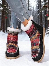 お買い得  雪と冬のブーツ-女性用エスニック柄の暖かいアンクルブーツ - カラフルなボヘミアンスタイルのフリース裏地付き冬用ブーツ、サイドジッパー付き、旅行や休暇に最適な快適なアウトドアシューズ