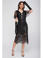 preiswerte 1920er Kleider-Goldene Zwanziger 1920er Knielang Flapper Kleid Kurze Ärmel Der große Gatsby Pailletten Fransen V Ausschnitt Kostüm Damen Weihnachten Karneval Flüsterkneipe Maskerade Retro-Mottoparty Erwachsene