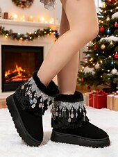 cheap Snow &amp; Winter Boots-Women's Beige Faux Fur Snow Boots with Rhinestone Tassel Fringe – Warm Platform Ankle Booties for Winter Parties, Christmas &amp; Holiday Fashion