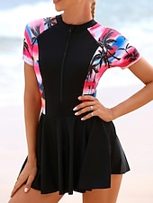 billiga Badessor-Kvinnors tankini baddräkt dragkedja fram palm klänning trosor mage kontroll hög midja slim backless semester strandkläder grafisk färgblock rund hals kort ärm baddräkt