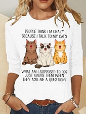 billige Dyrene tee-Dame T skjorte Trykt mønster Grafisk Dyr Katt Mote Fritid Kortermet Langermet Crew-hals Rund hals Vanlige topper Daglig Helg Svart Hvit Rosa Grønn Kakifarget Sommer Vår Høst