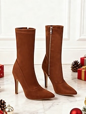 ieftine Botine-Ghete roșii cu vârful ascuțit din piele întoarsă pentru femei – ghete elegante cu toc înalt și fermoar pentru petreceri de Crăciun, ocazii speciale și modă de iarnă