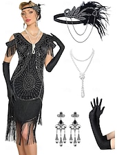 abordables Vestidos de los años 20-Conjunto Rugido 20s 1920s Hasta la Rodilla Vestidos Vestido Flapper Accesorios con accesorios Hombro frío Mangas cortas El gran Gatsby charlestón Lentejuelas Borlas Pluma Escote en Pico Disfraz Mujer