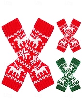 billiga Damhandskar-Stickade fingerlösa julvantar för kvinnor, röda och vita Fair Isle-renmönster, julvantar för vinterfester och festliga evenemang