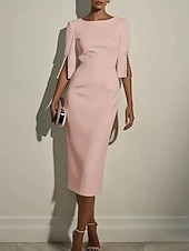 billiga Examensklänningar-Dam Midiklänning Bodycon Klänning Semiformella klänningar Kontor Normal Slät Halvlång ärm Rund hals Svart Vit Rodnande Rosa Sommar Vår Höst