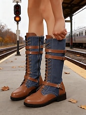 halpa Maihinnousukengät-naisten nauhalliset polvipituiset saappaat - ruskeat keinonahkaiset maiharit soljilla, vintage-ratsastustyyliset jalkineet syksyyn ja talveen