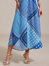 preiswerte Freizeitkleidung-Damen Maxikleid geometrisch floral Patchwork Print Stehkragen 3/4 Ärmel Frühling Herbst