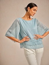  Damen Bluse Elegante Oberteile Chiffon Tops Spitzentops Plissiert Glitzer Elegant Rundhalsausschnitt Normale Oberteile Hochzeitsgast Ausgehen Leicht Blau Frühling Herbst